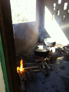 Outside kitchen where rice and beans are prepared.